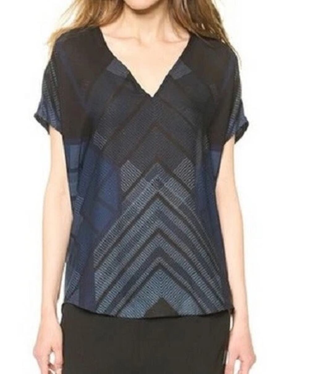 Vince Blue 100% Silk Geometric Print Relaxed Fit Dolman Sleeve V-neck Blouse